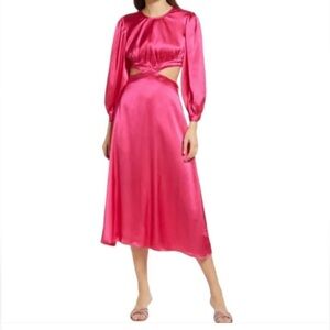 Rahi Cierra Cut Out Balloon Sleeve Satin Midi Dress in Fuchsia Pink Size M NWT